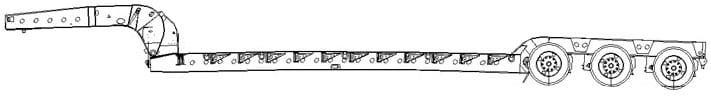 Line drawing of a side view of a flatbed lowboy truck.