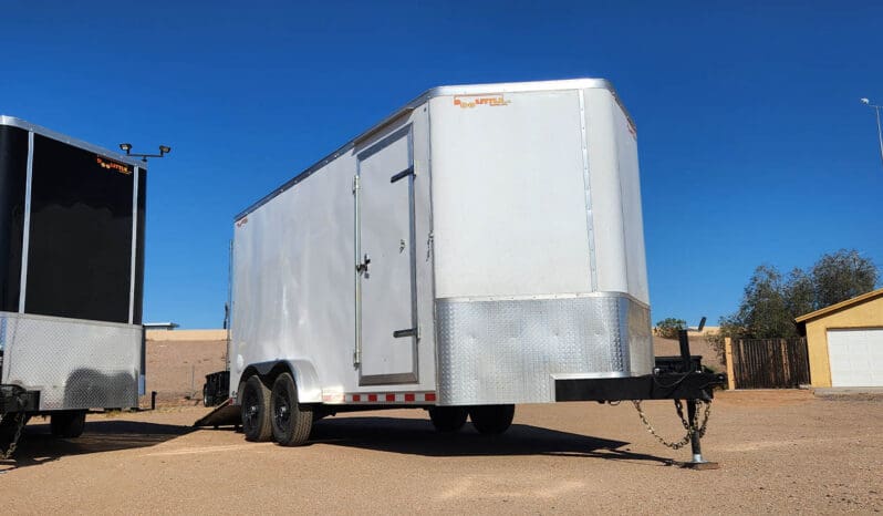 White cargo trailer with a door open.