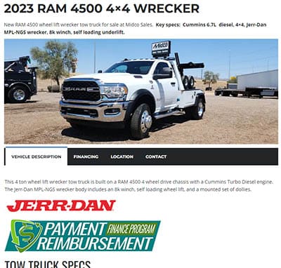 White 2023 Ram 4500 wrecker truck.