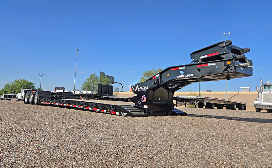 2026 Alpha HD A90HDGC 45 ton lowboy trailer - 02 - low angle view, front, gooseneck, flip neck