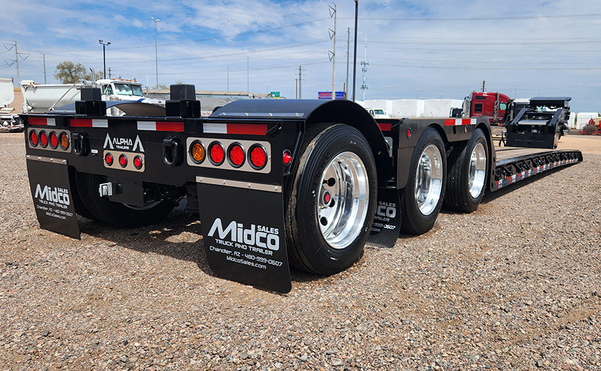 2026 Alpha HD A90HDGC 45 ton lowboy trailer - 04 - rear view, flip axle, aluminum wheels