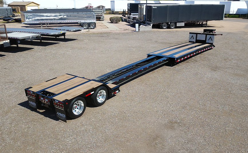 alpha hd 80mge extendable double drop trailer - 02 - aerial rear view, trailer extended
