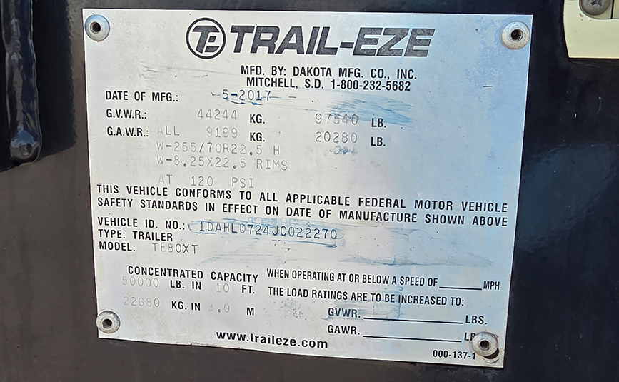 2018 trail eze te80xt hydraulic tail trailer - 17 - VIN tag