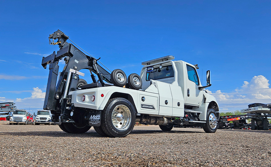 2025 international mv607 Jerr-Dan MPL60 wrecker tow truck - 01 - low angle passenger side rear view