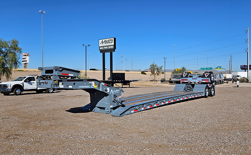 2026 alpha hd a90hdgc 45 ton lowboy trailer flip axle - 01 - angled side view