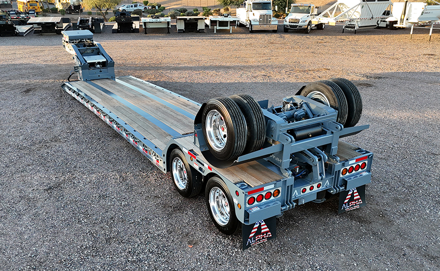2026 alpha hd a90hdgc 45 ton lowboy trailer flip axle - 03 - rear angled view, flip axle