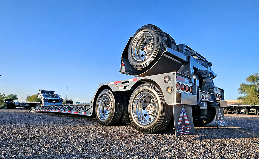 2026 alpha hd a90hdgc 45 ton lowboy trailer flip axle - 05 - low angle, rear view, tires, wheels