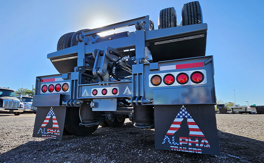 2026 alpha hd a90hdgc 45 ton lowboy trailer flip axle - 08 - rear view, air bag suspension, tail lights