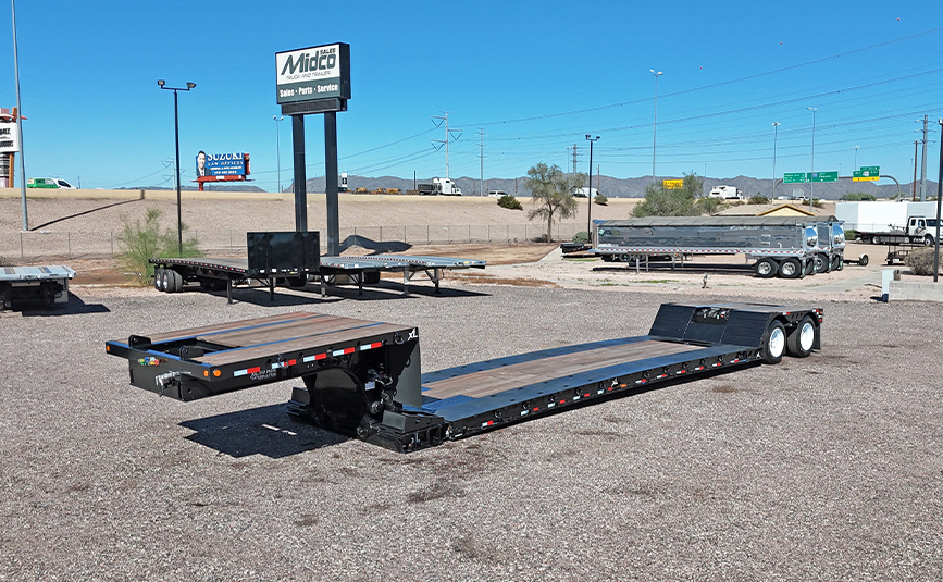 2026 used xl specialized xl80 HDGE extendable double drop trailer -01 - aerial side view