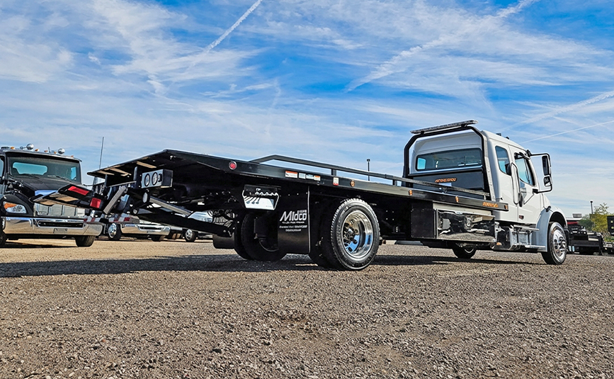 2025 freightliner m2 - jerr-dan rollback tow truck - 05-2 - low angle rear, passenger side view