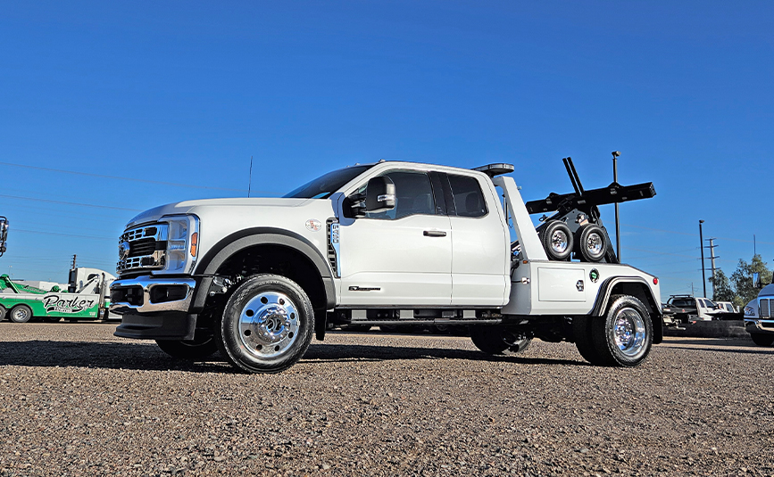 2026 ford F450 Jerr-Dan repo tow truck - 02 - driver side, low angle view