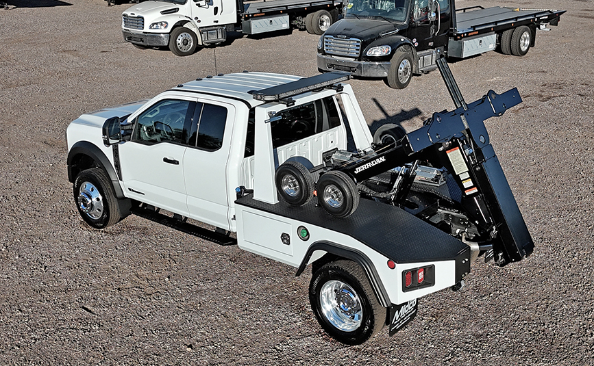 2026 ford F450 Jerr-Dan repo tow truck - 03 - driver side, rear angle, top view