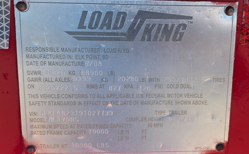 2009 Load King HFT70RS Hydraulic Tail