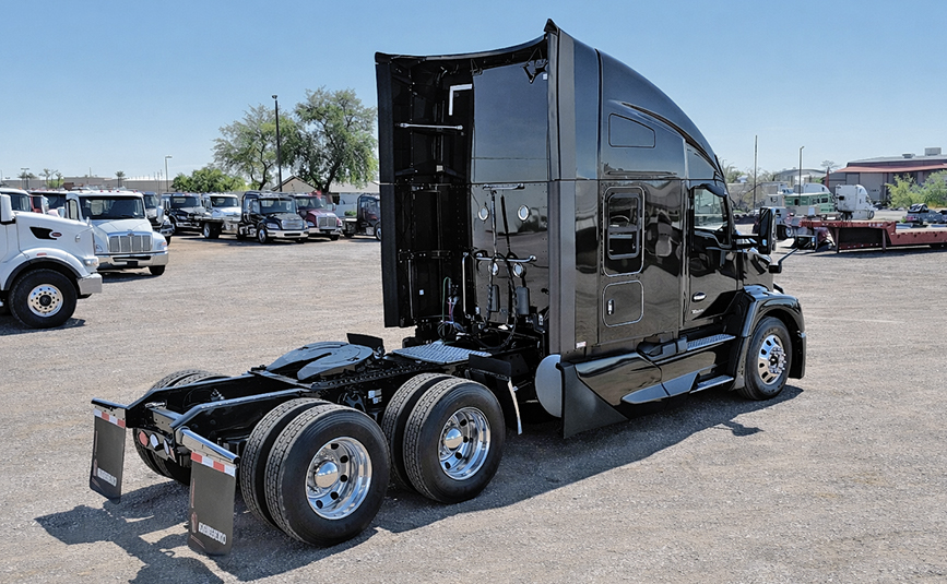 2022 kenworth T680 black sleeper cab truck - 04 - passenger side, rear frame, wheels, tires