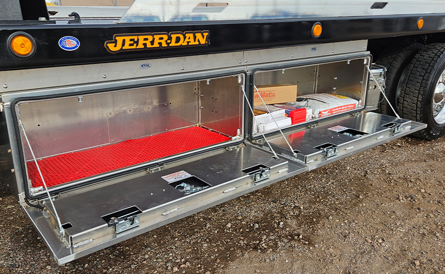 2027 international mv607 jerr-dan rollback yellow tow truck - 19 - in the ditch toolboxes